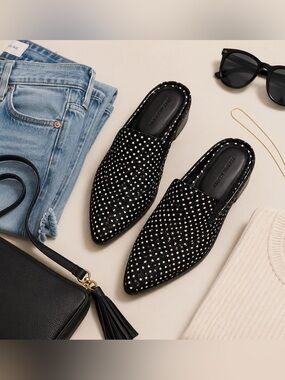 Rebecca Minkoff Star Print Leather Mule Loafers Black White Western Slides 6